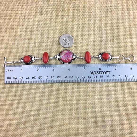 New Pink Dichroic Iridescent Triplet Opal & Coral Silver Overlay Bracelet - Picture 5 of 8